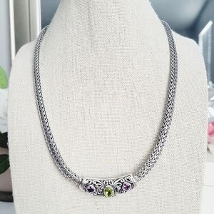 VINTAGE Peridot Ameythyst Gemstone Wheat Chain Sterling Silver Necklace